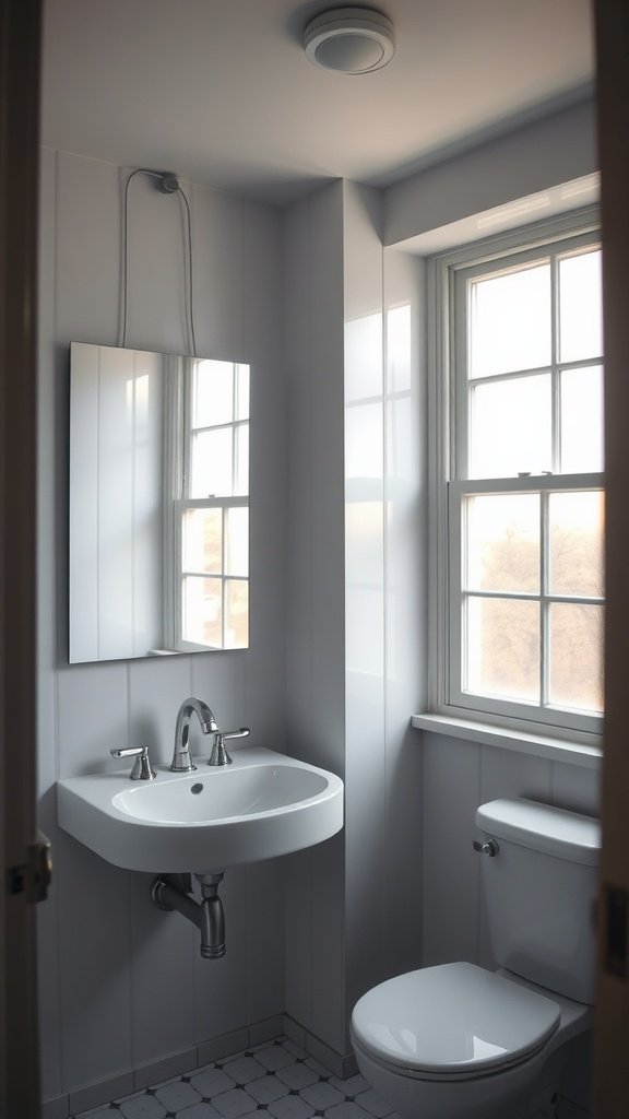 A small bathroom with a mirror opposite a window, featuring a sink and toilet.