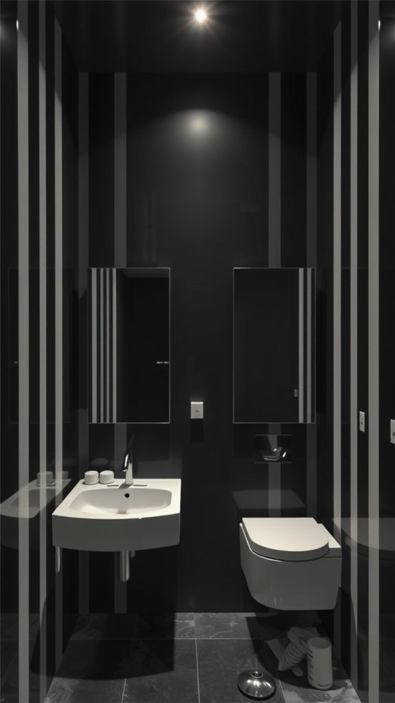 Modern dark bathroom with asymmetric stripes and mirrors