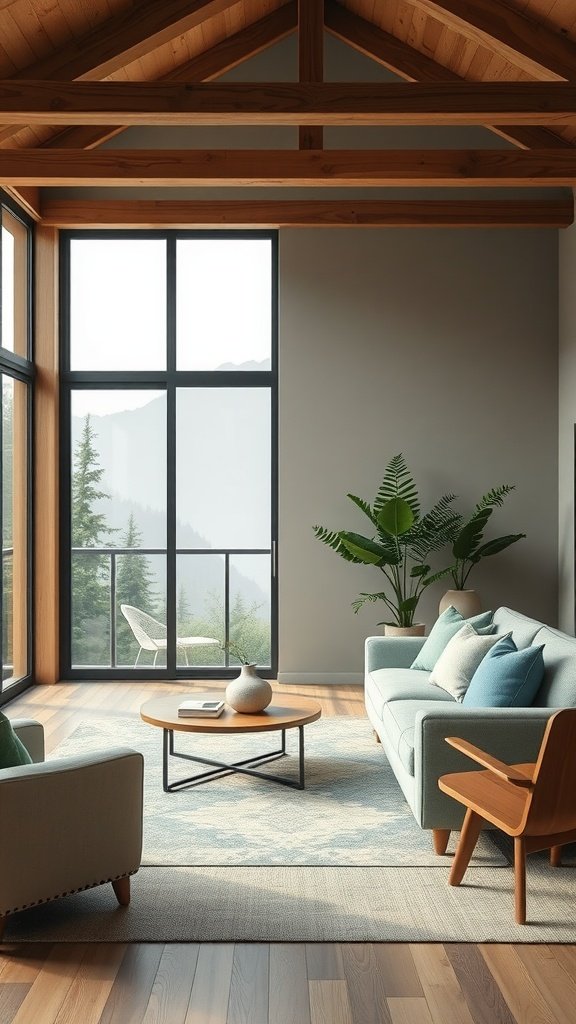 A serene living room with a mountain view featuring soft green and blue tones.