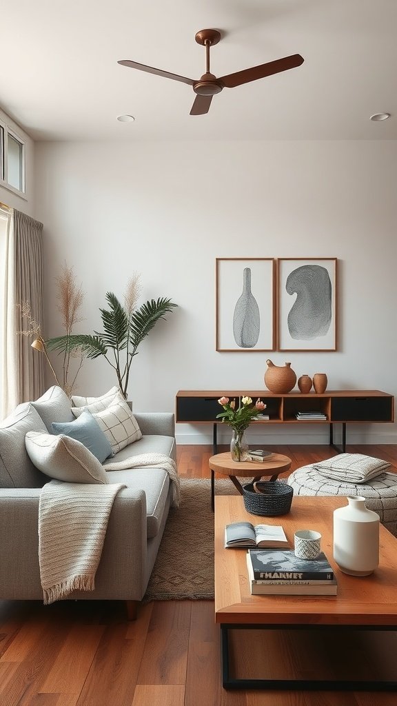 A cozy modern farmhouse living room featuring a soft gray sofa, wooden coffee table, and decorative elements.