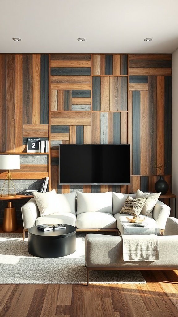A modern living room with a mixed material wall featuring wood paneling in various shades.