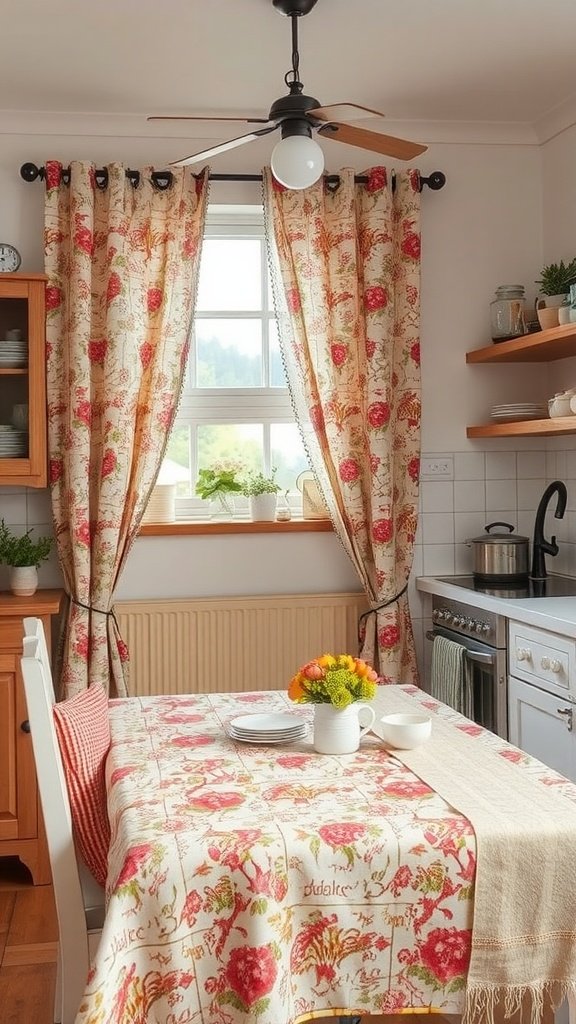 A cozy farmhouse kitchen with mixed pattern textiles, featuring floral curtains and a patterned tablecloth.