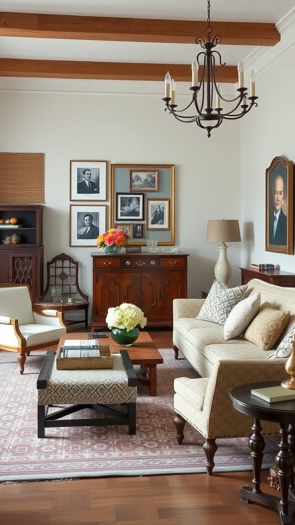 A cozy living room with antique furniture and modern decor.