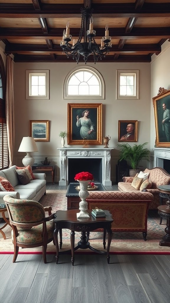 A beautifully designed French country living room featuring a mix of antique and modern furniture.