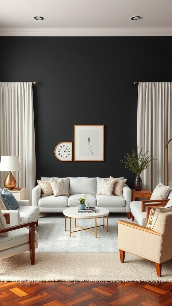 A stylish living room with dark walls, light furniture, and a mix of decor styles.