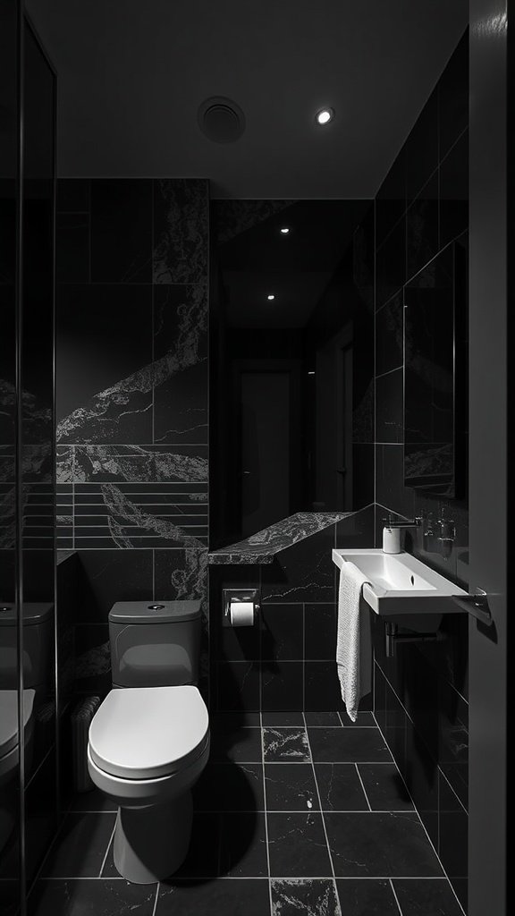 A modern dark bathroom featuring a blend of tiles and materials.