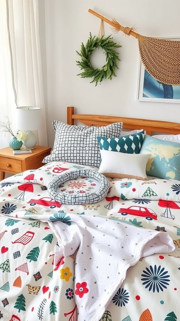 A cozy bedroom with a variety of colorful patterns on the bedspread and pillows.