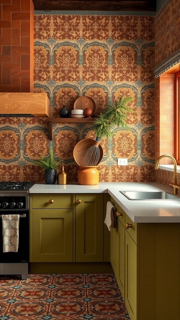 A kitchen featuring terracotta, olive, and warm wood tones with patterned wallpaper and tiles.
