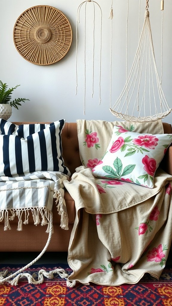 A cozy living room setup featuring striped pillows and floral throws on a brown sofa.