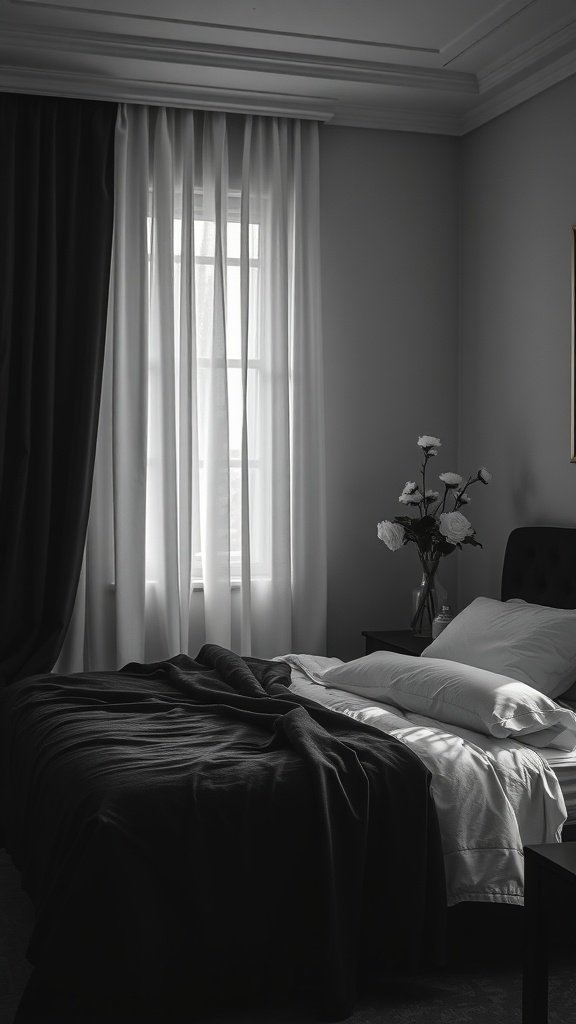 A stylish black and white bedroom featuring a mix of textures with a bed, pillows, and decorative flowers.