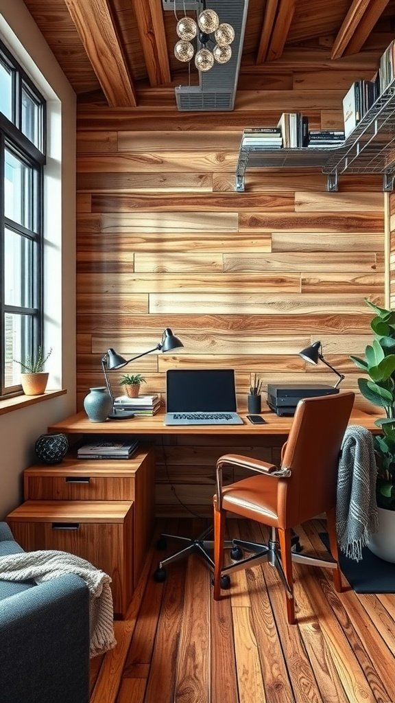 A cozy home office featuring wooden walls, a modern desk, and stylish decor.