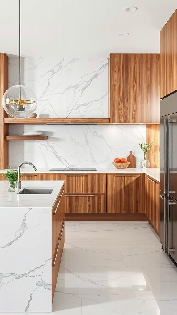 A modern kitchen featuring marble countertops and wooden cabinetry.