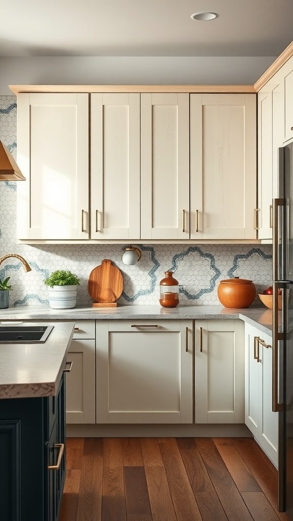 A modern kitchen with two-tone cabinets and textured elements.