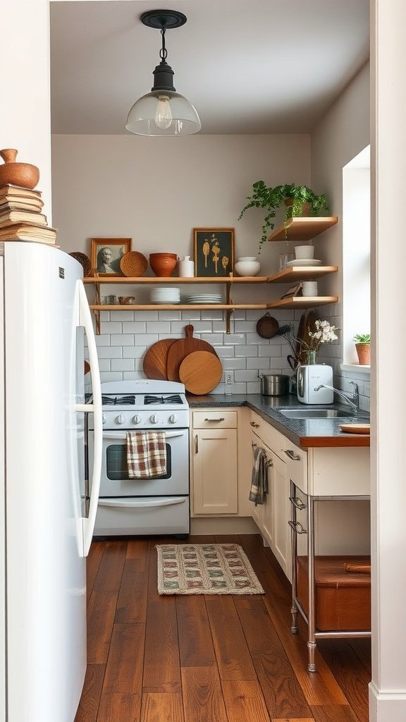 A cozy kitchen featuring modern appliances and vintage wooden accents.