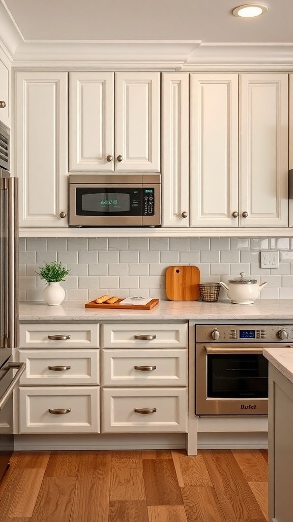 A modern kitchen featuring white cabinets, a sleek oven, and hidden microwave.
