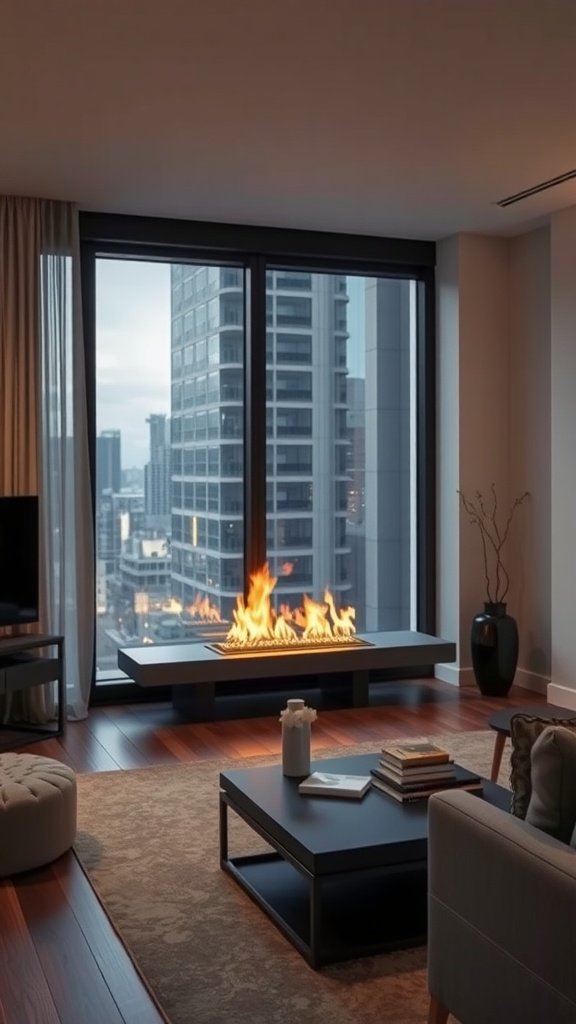 A modern bioethanol fireplace in a contemporary living room with a city view.