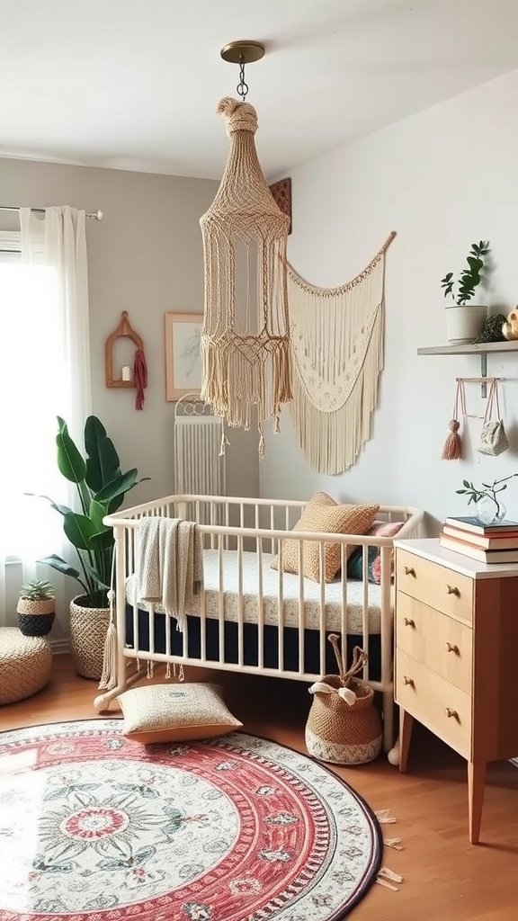 A modern bohemian nursery featuring a crib, plants, and woven decor.
