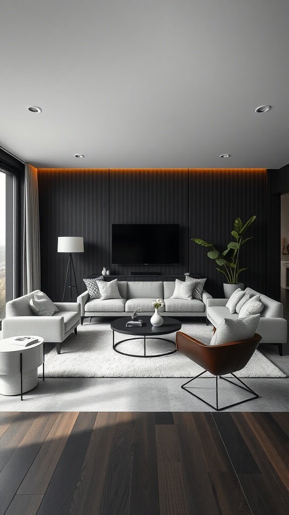 A modern living room featuring ebony wood tones with light furniture and accents.
