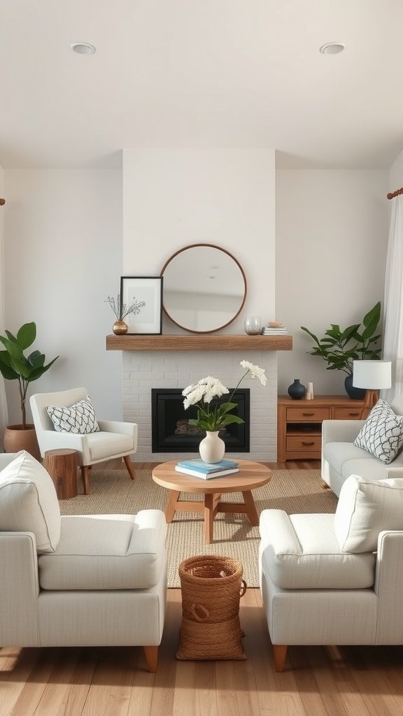 A modern farmhouse living room featuring light colors, natural wood furniture, and plants.