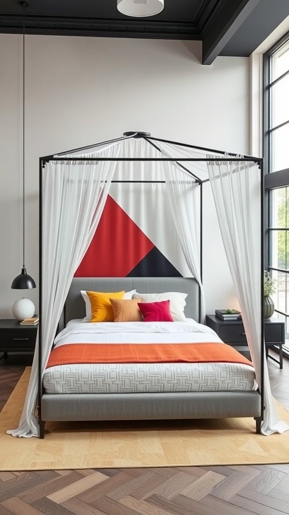 A modern geometric canopy bed with bold colors and soft drapes