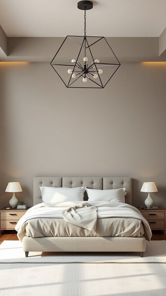 A modern geometric chandelier hanging above a cozy bed in a stylish bedroom.