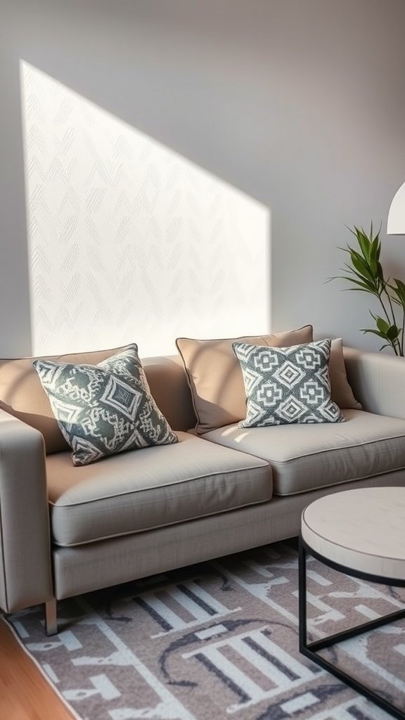 A stylish living room with a beige sofa, geometric patterned pillows, and a round coffee table.