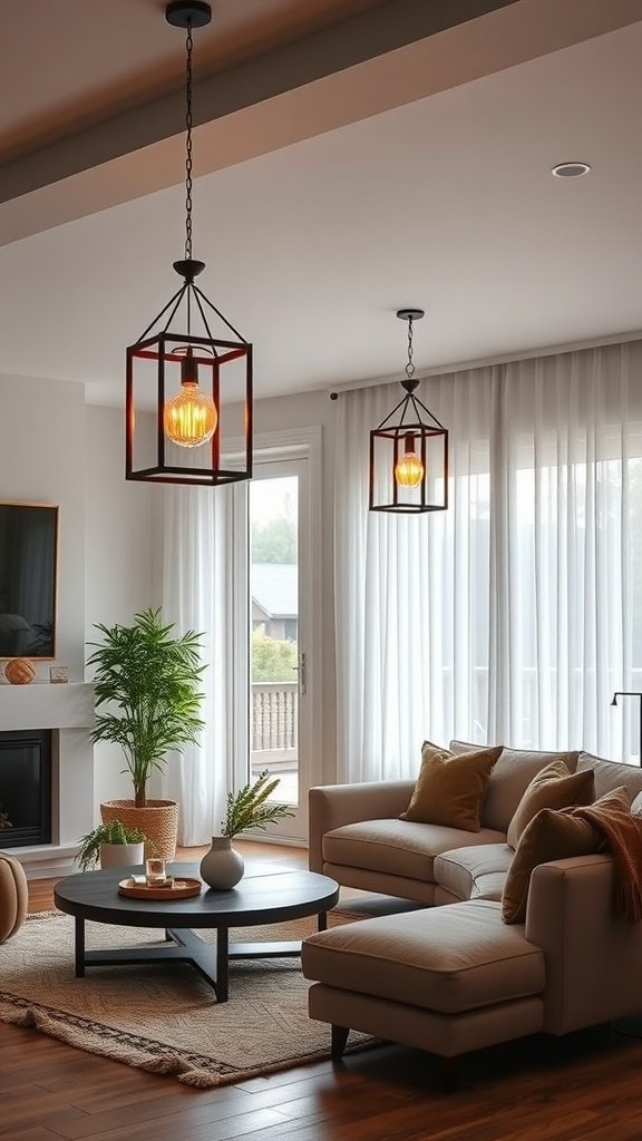 Two modern lantern light fixtures hanging in a cozy living room setting