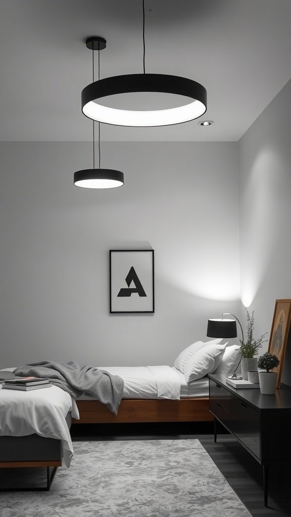A modern black and white bedroom featuring sleek hanging light fixtures.