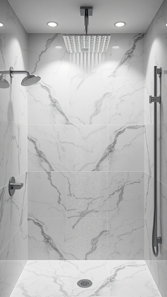 A modern shower design featuring rain showerhead and sleek marble veining