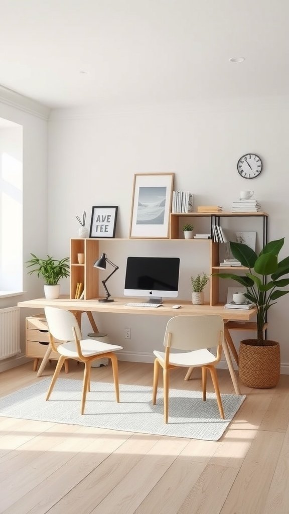 Cozy modern Scandinavian home office with light wood furniture and plants.