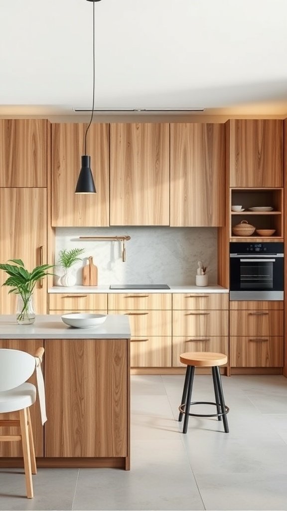 A modern kitchen featuring wooden cabinets and a minimalist design.