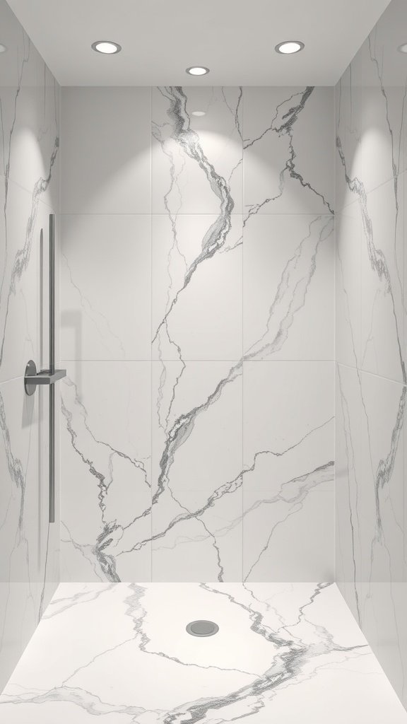 Modern shower with monochromatic marble veining on walls and floor.