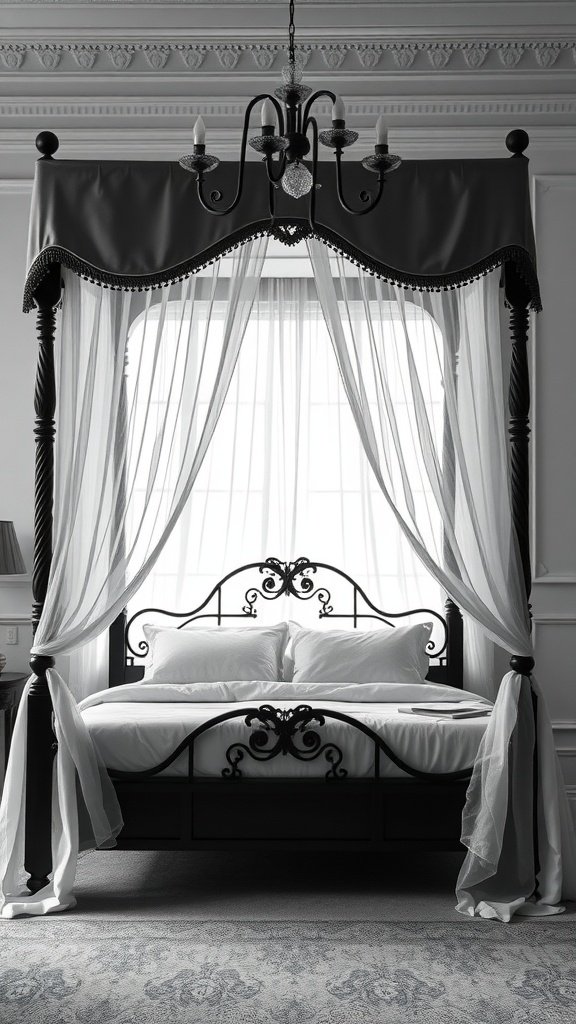 Monochrome canopy bed with sheer curtains and decorative elements.