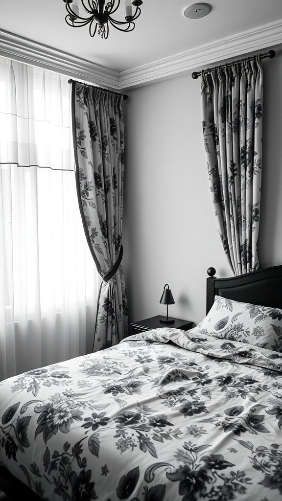 A black and white bedroom featuring floral patterned bedding and curtains.