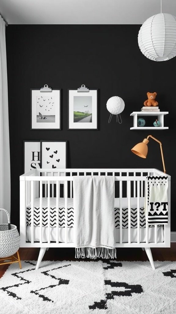 A monochrome nursery featuring a black wall, white crib, and stylish accessories.