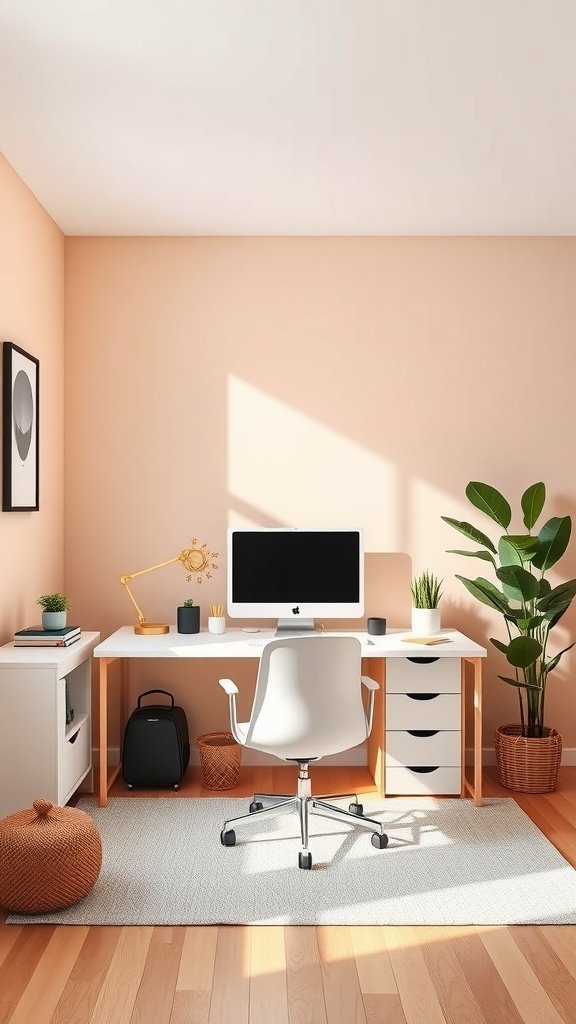 A cozy home office featuring a peach wall, white desk, and plants.