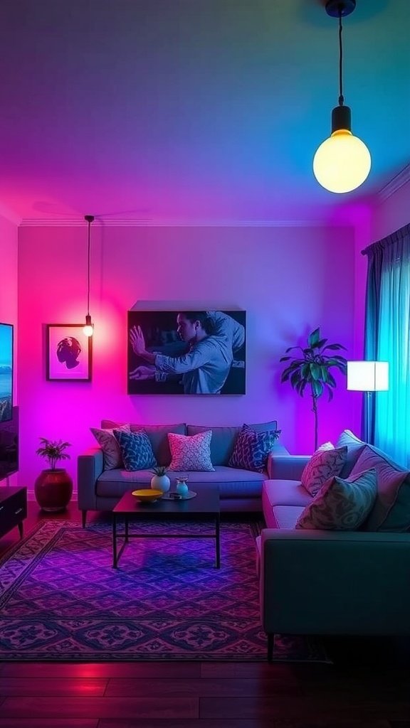 A stylish living room featuring colorful smart bulbs creating a vibrant atmosphere.
