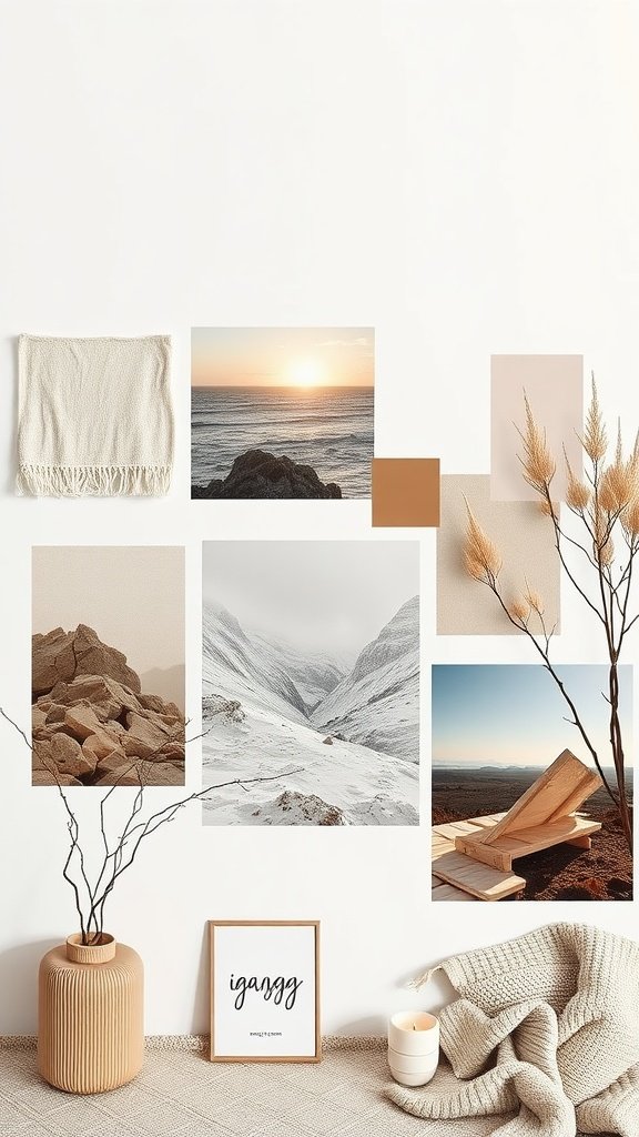 A mood board featuring various cozy images and textures for bedroom decor inspirations.