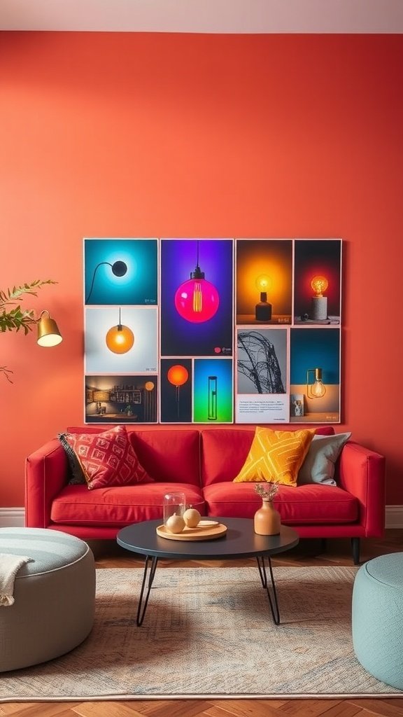 A moody living room with colorful lighting featuring pink and blue tones, complemented by a gray couch and decorative wall art.