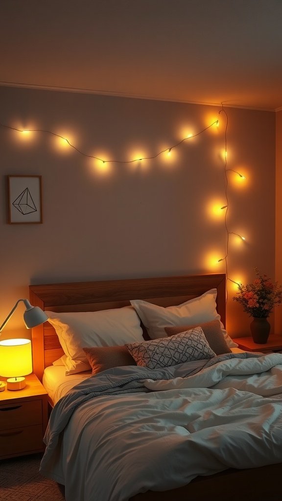 A cozy bedroom with warm string lights and a bedside lamp