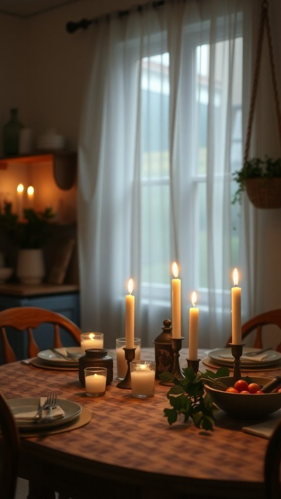 A cozy dining table set with candles, plates, and a bowl of fruits, surrounded by soft lighting.