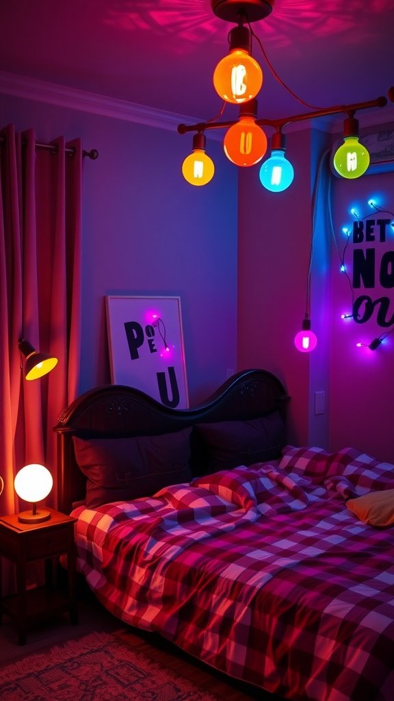 A cozy bedroom with color-changing bulbs and a colorful light setup.