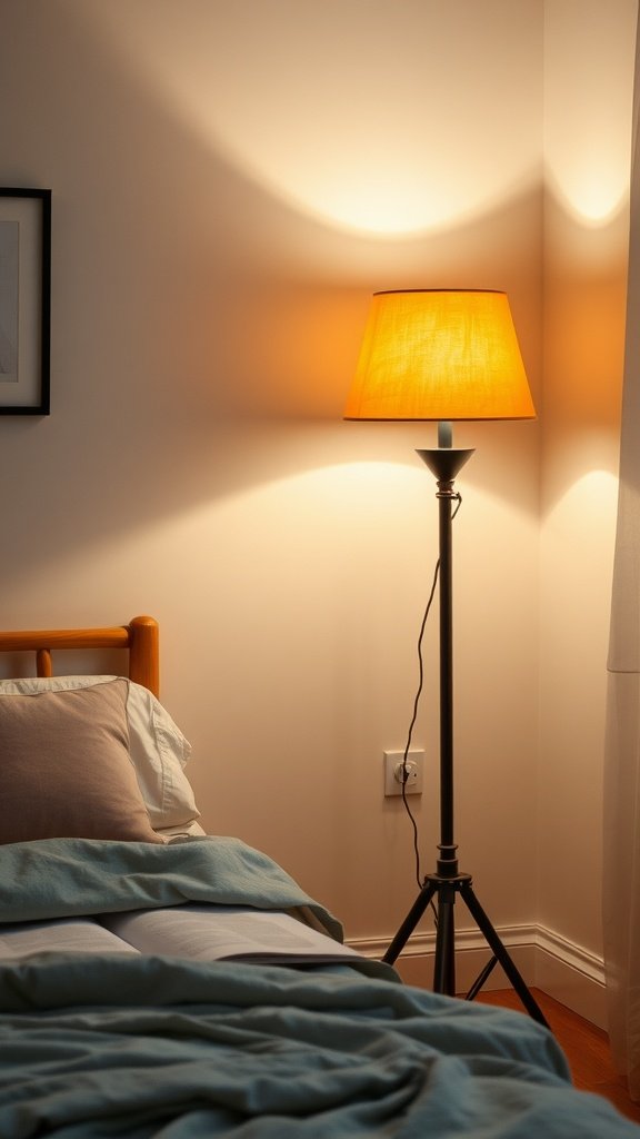 A cozy bedroom with a warm-shaded floor lamp next to a bed.