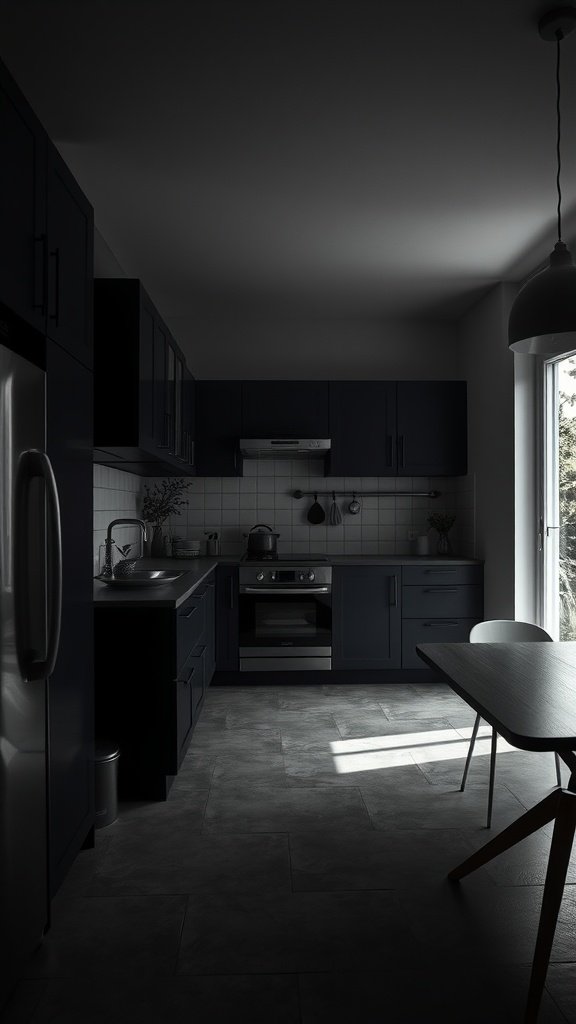 A dark-toned kitchen featuring navy cabinets and dramatic lighting.