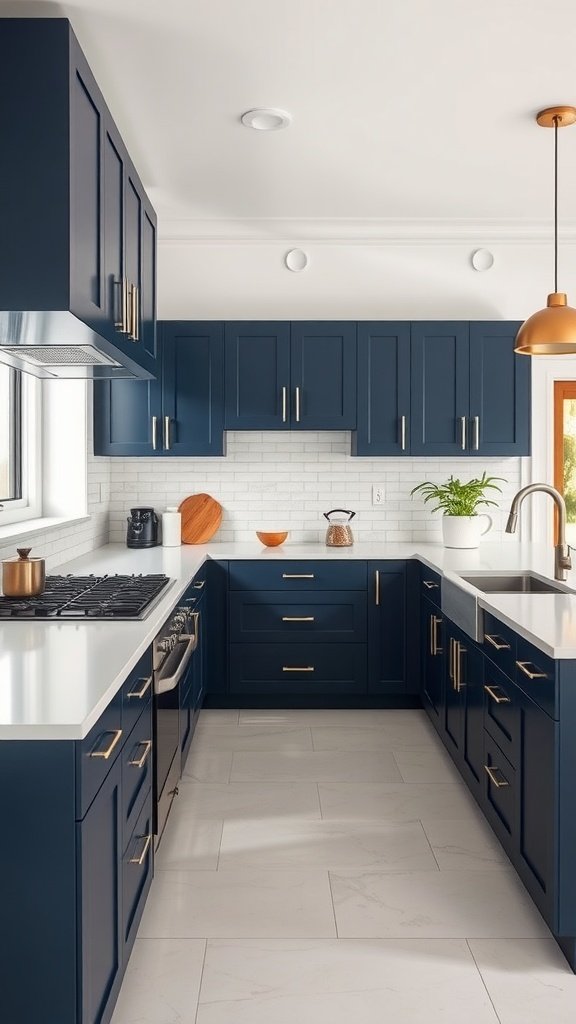 A modern kitchen with moody navy cabinets and gold hardware.