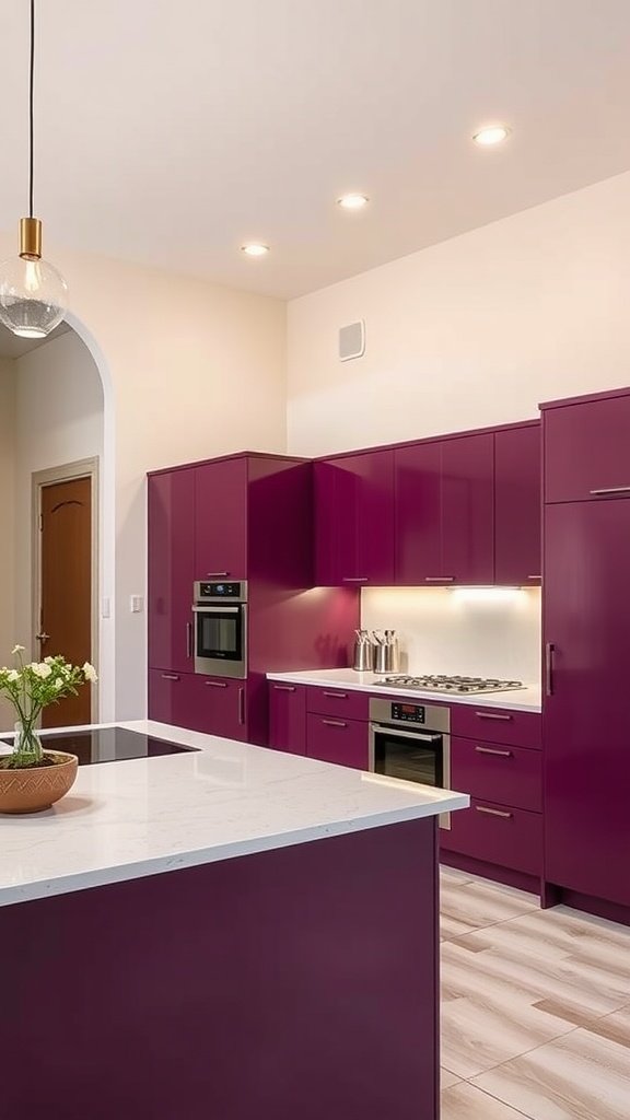 A modern kitchen featuring deep plum cabinets and a cream countertop.