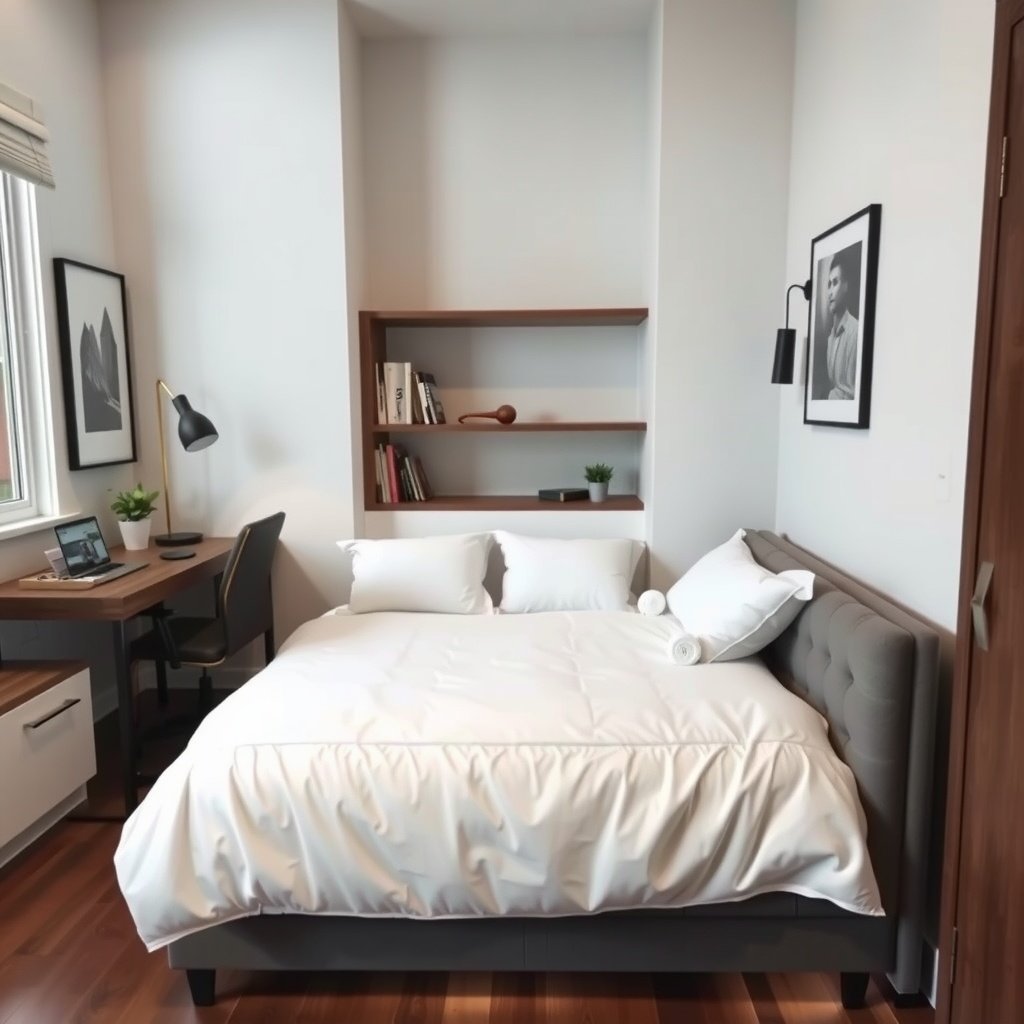 A cozy, small bedroom featuring a bed, desk, and bookshelf.