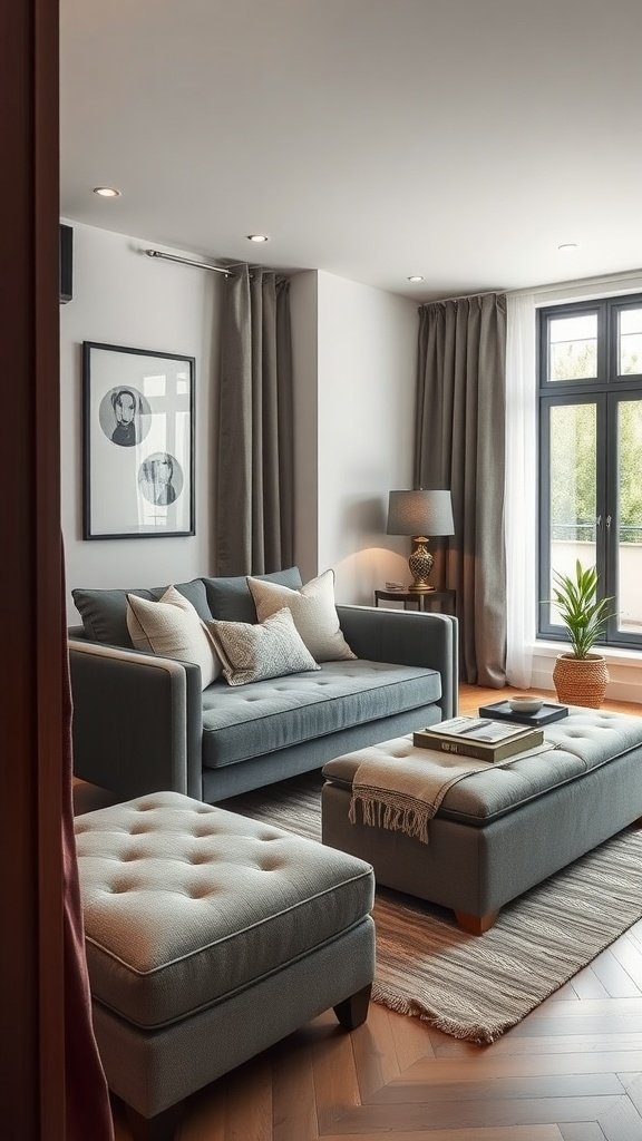 A minimalist living room featuring a gray sofa, a coffee table, and a cozy atmosphere.
