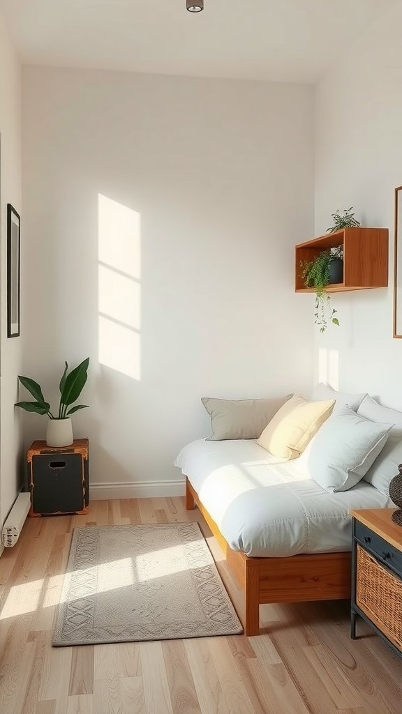 A cozy tiny bedroom featuring a daybed with pillows, a storage ottoman, and wall-mounted shelves with plants.