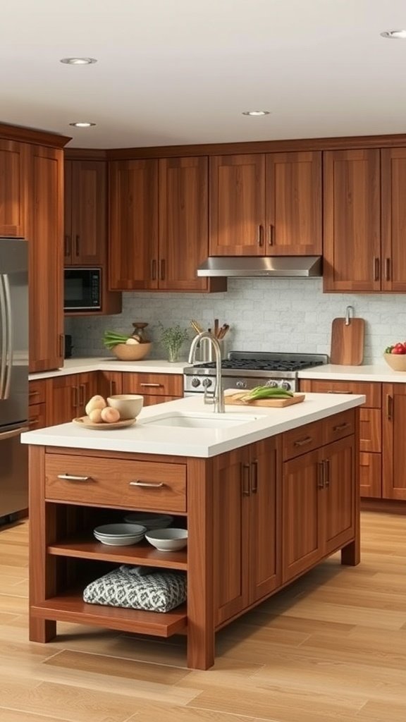 Modern kitchen island featuring a prep sink and wooden cabinetry
